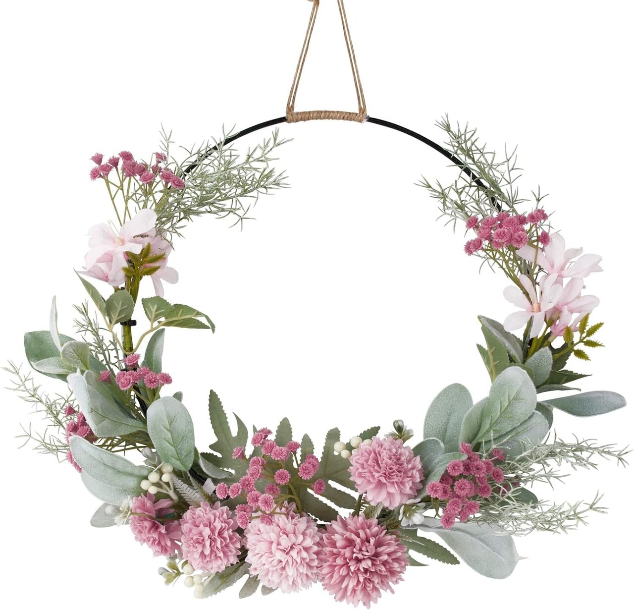 Floral Hoop Wreath Decor with Purple Spring Flowers Green Leaves